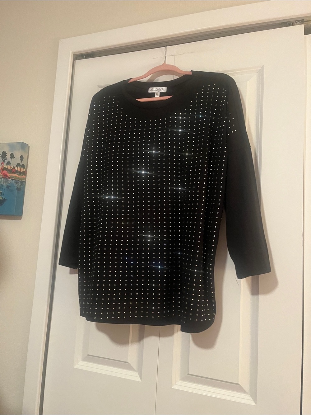 Black Rhinestone-Embellished Long Sleeve Top